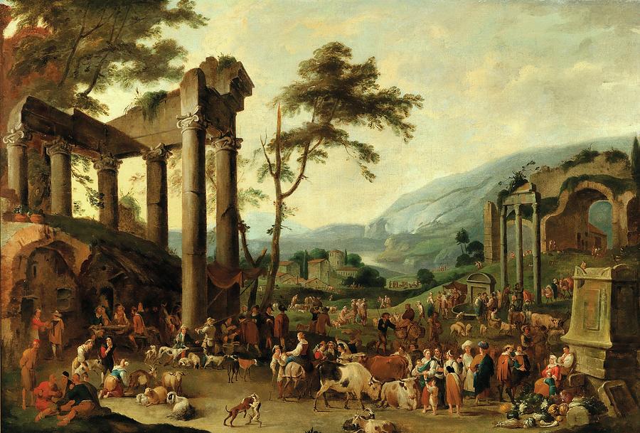  An italianate landscape with a market scene Painting by MotionAge Designs