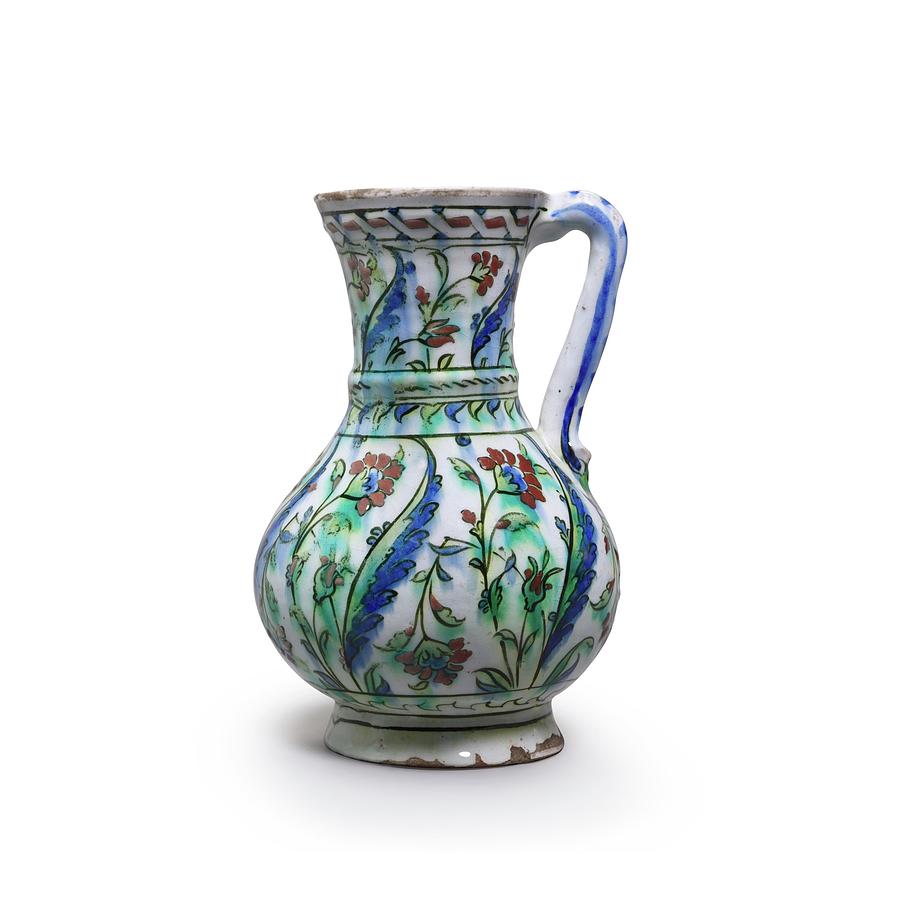 An Iznik polychrome pottery jug with carnations and saz leaves, Turkey, circa 1580-90 Painting by Artistic Rifki
