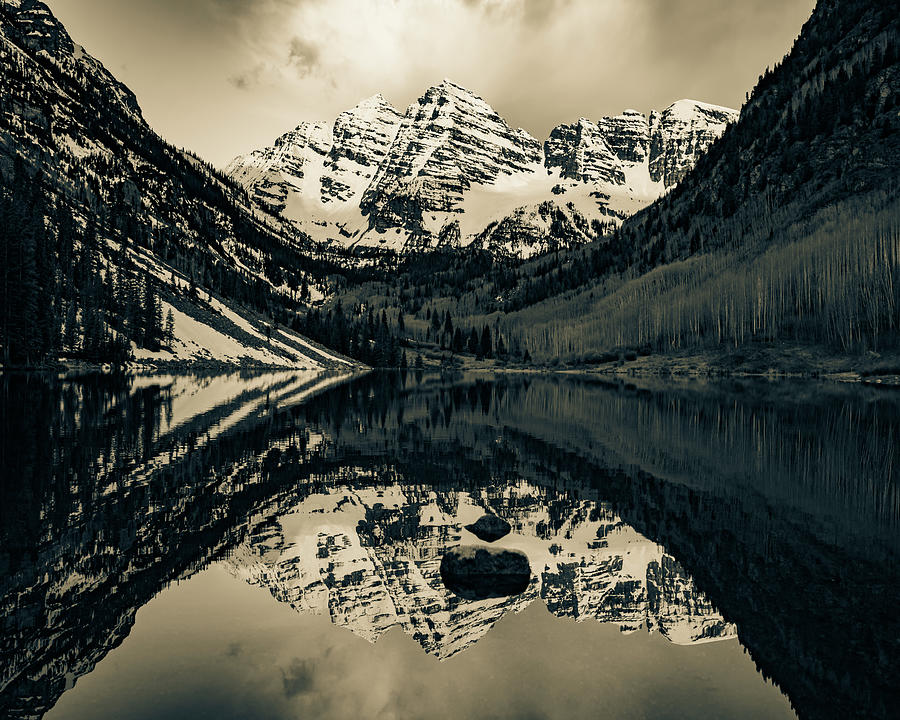 Majestic Peaks And Maroon Bells Mountain Reflections - Sepia Photograph by Gregory Ballos
