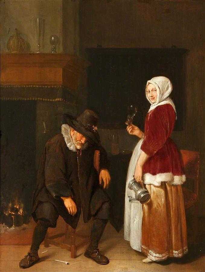 An Old Man sleeping by a Fireside attended by a Maidservant Drawing by ...