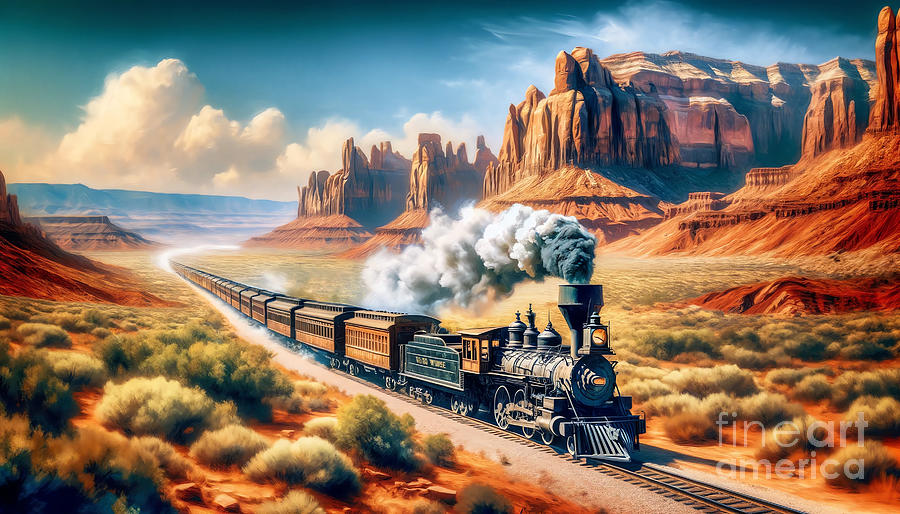 Vintage Painting - An old steam train chugging through the wild west, with red rock canyons in the backdrop. by Jeff Creation