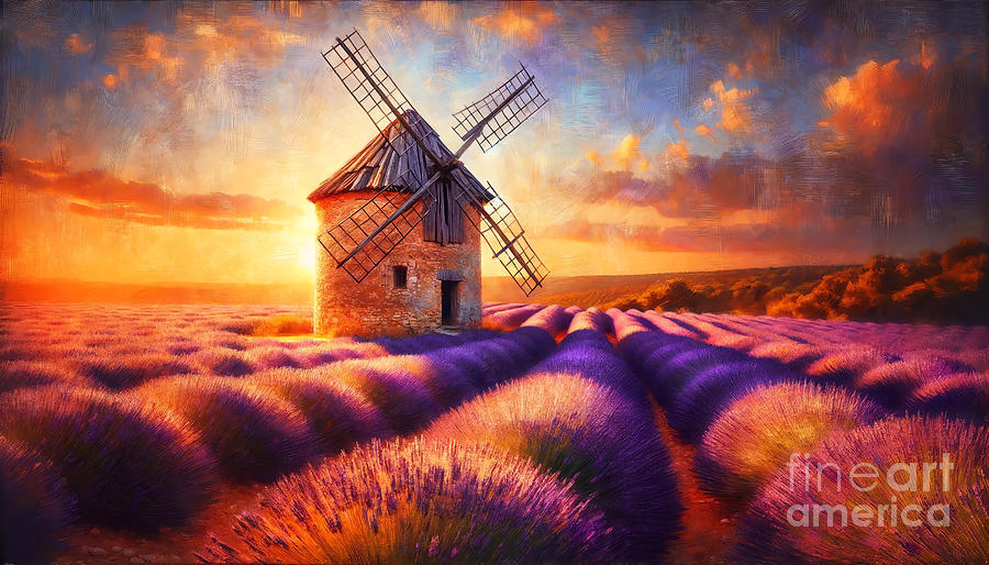 Sunset Painting - An old windmill on a lavender field in Provence, with a sunset backdrop. by Jeff Creation