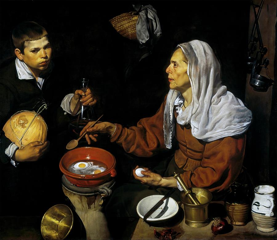 Bowl Painting - An Old Woman Cooking Eggs by Diego Valazquez