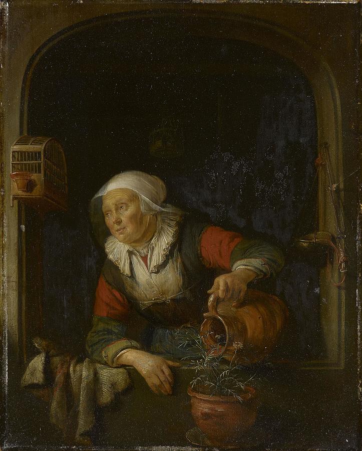An Old Woman Watering a Pot of Pinks Painting by Gerrit Dou | Fine Art ...