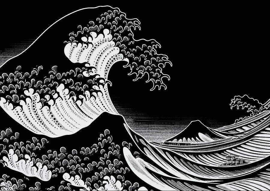 An oriental Japanese great wave in a vintage retro engraved etch Painting by Tony Rubino