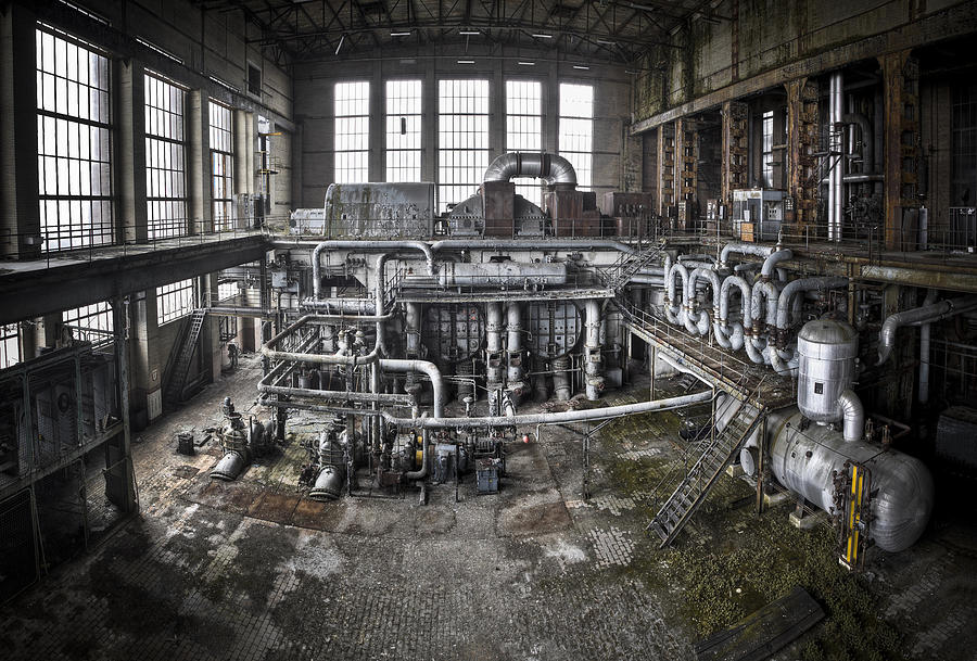 An overview of the main generator hall at an abandoned energy plant ...