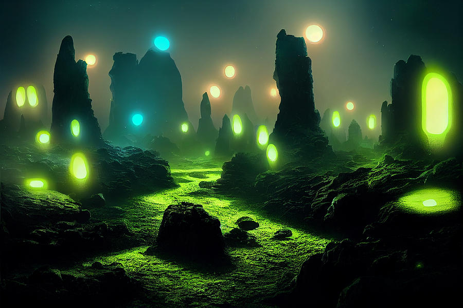 An Underground City Glowing Rocks Bioluminescence Fantasy Dark Greens ...