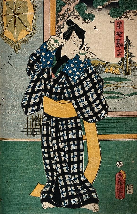 An unidentified actor as Hayano Gampei in the poor house, tying on his sash . Colour woodcut by Painting by Artistic Rifki