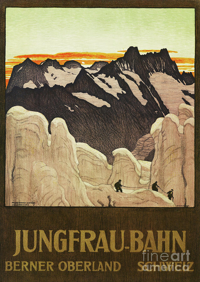 An vintage travel poster for the Jungfrau Bahn mountain railway in ...