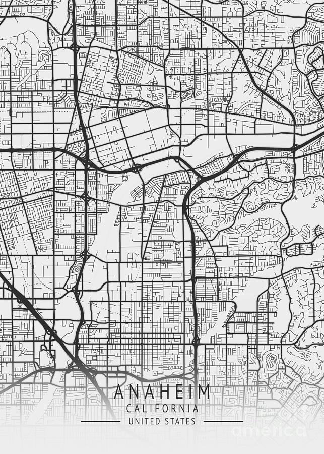 Nature Digital Art - Anaheim  -  California  US Gray City Map by Tien Stencil