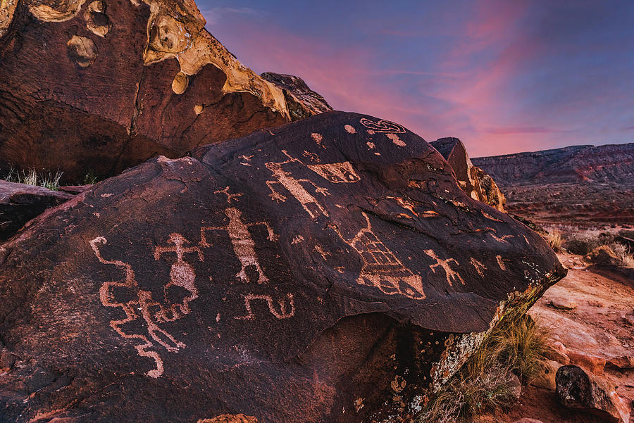 Anasazi Valley Petroglyphs at Sunset, St. George, Utah Photograph by Abbie Matthews