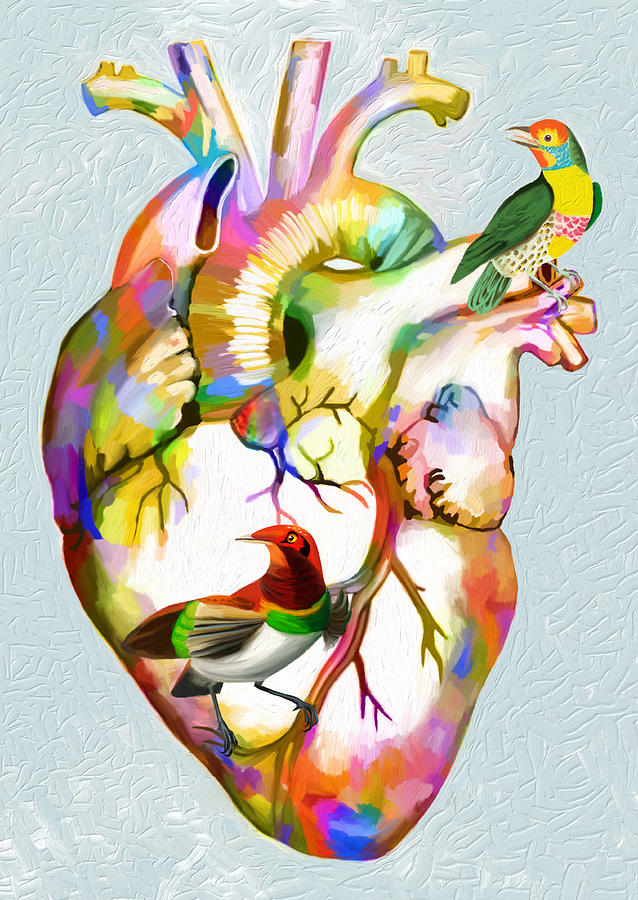Anatomical Heart with Two Birds Mixed Media by Ann Leech