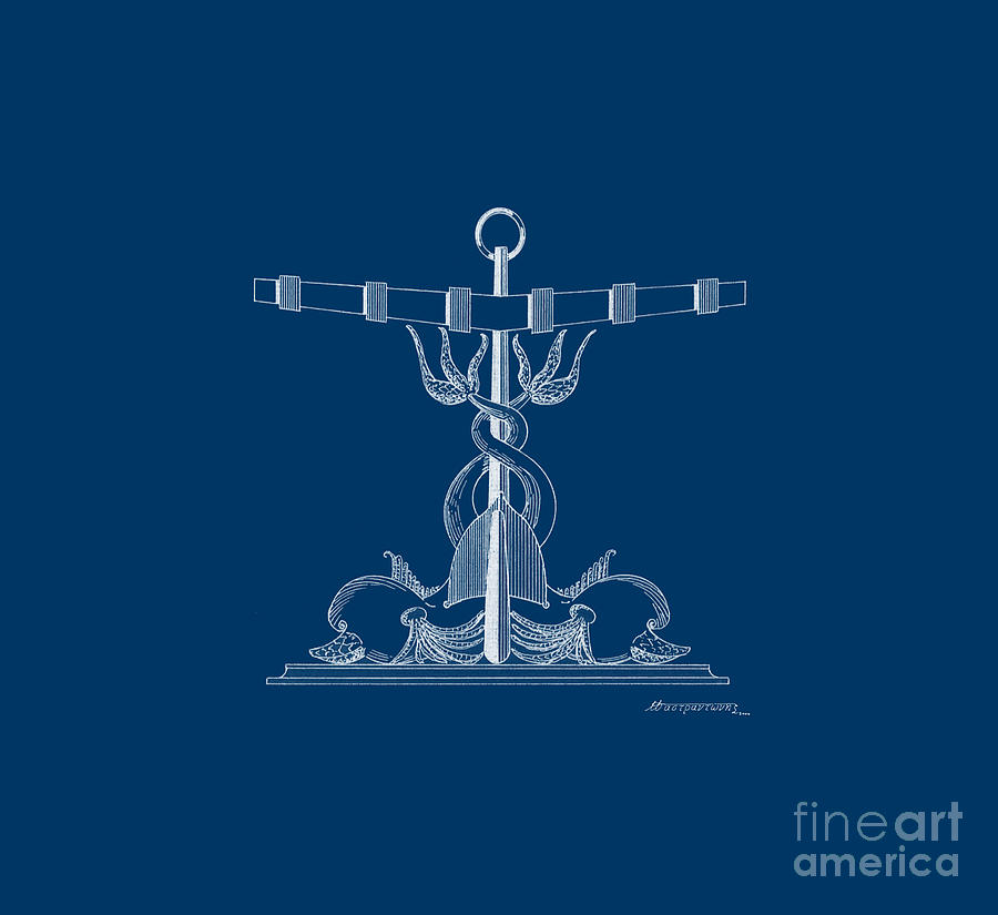 Anchor with dolphins - blueprint Drawing by Panagiotis Mastrantonis