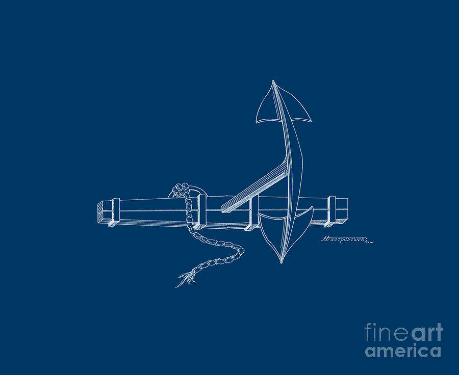 Anchor with wooden stock - blueprint Drawing by Panagiotis Mastrantonis