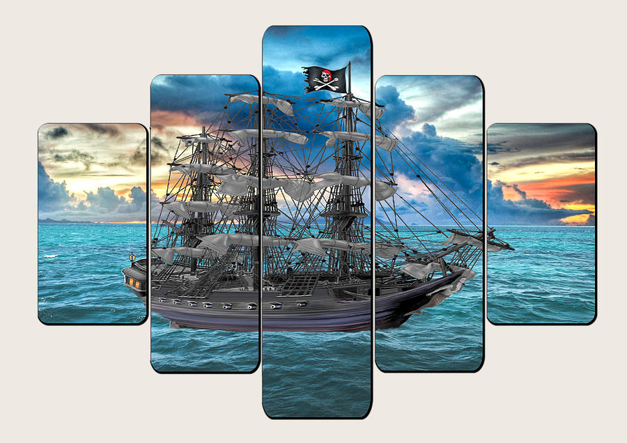 Sunset Digital Art - Anchored Pirate Ship At Sunset by Glenn Holbrook