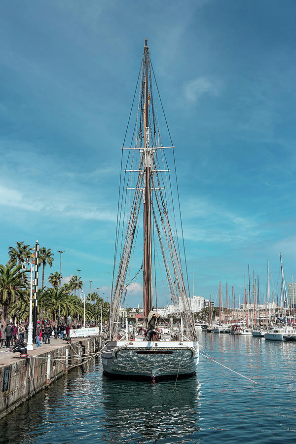 Anchored Yacht Sailboat in Port Vell Old Harbor in Barcelona, Spain Photograph by Andreea Eva Herczegh
