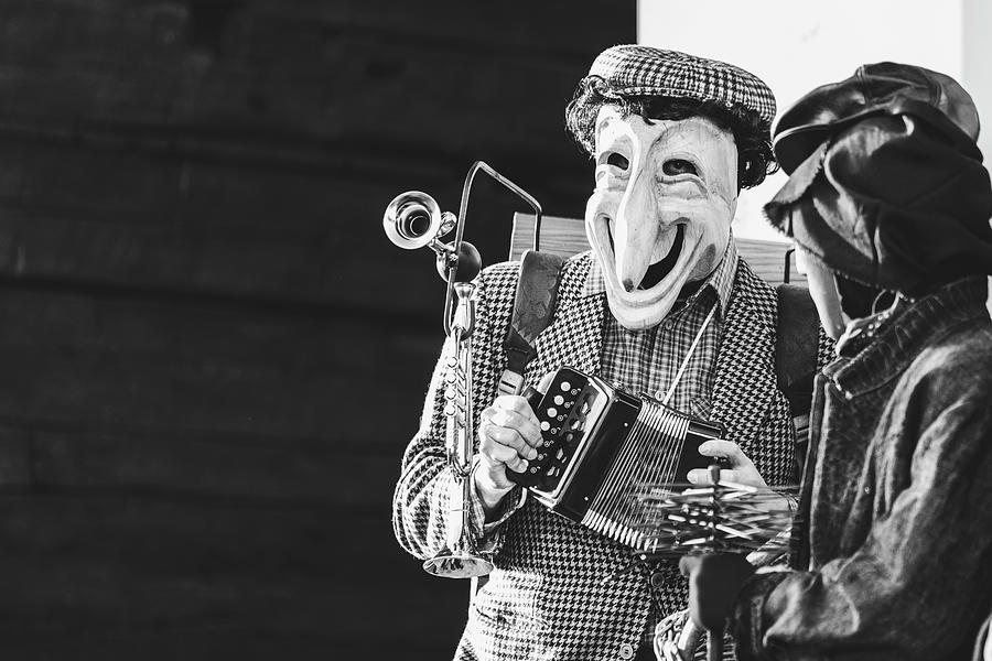 Ancient Carnival Of Sauris. Traditional Wooden Masks. Black And White. Italy Photograph