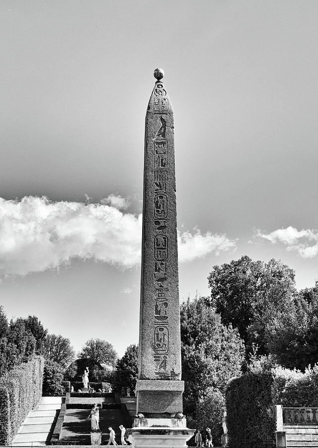 Ancient Egyptian Obelisk Medici Boboli Gardens Florence Italy Black and White Photograph by Shawn OBrien