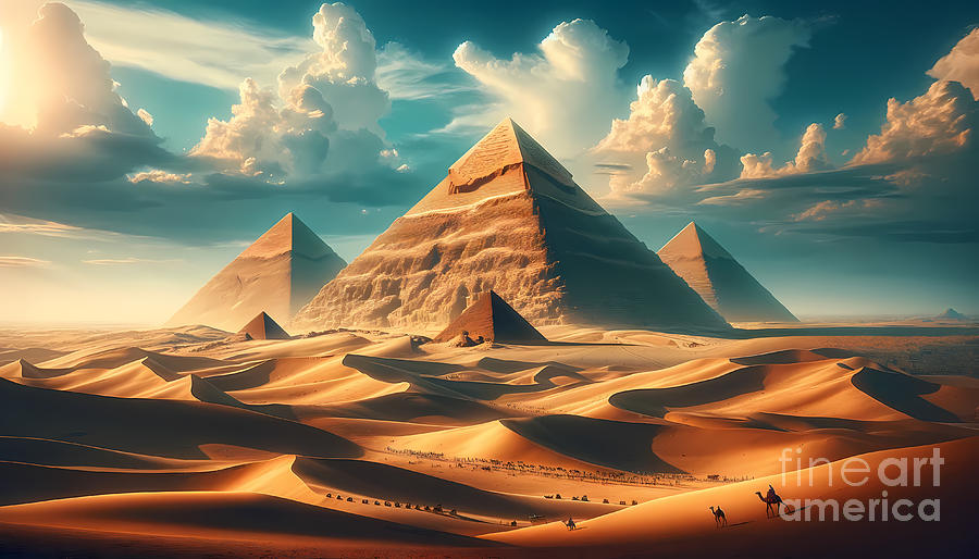 Desert Digital Art - Ancient Egyptian Pyramids, The Great Pyramids of Giza with a stunning desert backdrop by Jeff Creation
