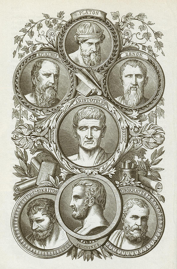 Ancient Greek philosophers, wood engraving, published in 1882 Drawing by Zu_09