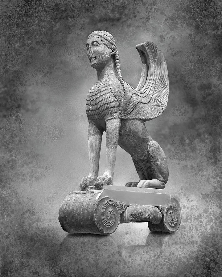 Ancient Greek sculpture of a Sphinx Naxos, 570-560 BC  by Photographer Paul E Williams  Sculpture by Paul E Williams