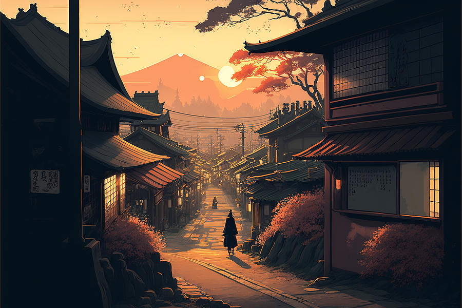 ancient japanese town landscape lofi sunrise by Asar Studios Painting ...