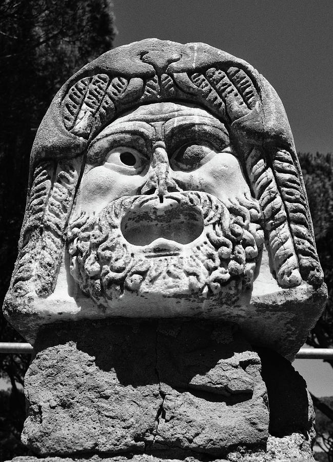 Ancient Marble Mask of the Arts Theater Ruins Ostia Antica Black and White Photograph by Shawn OBrien