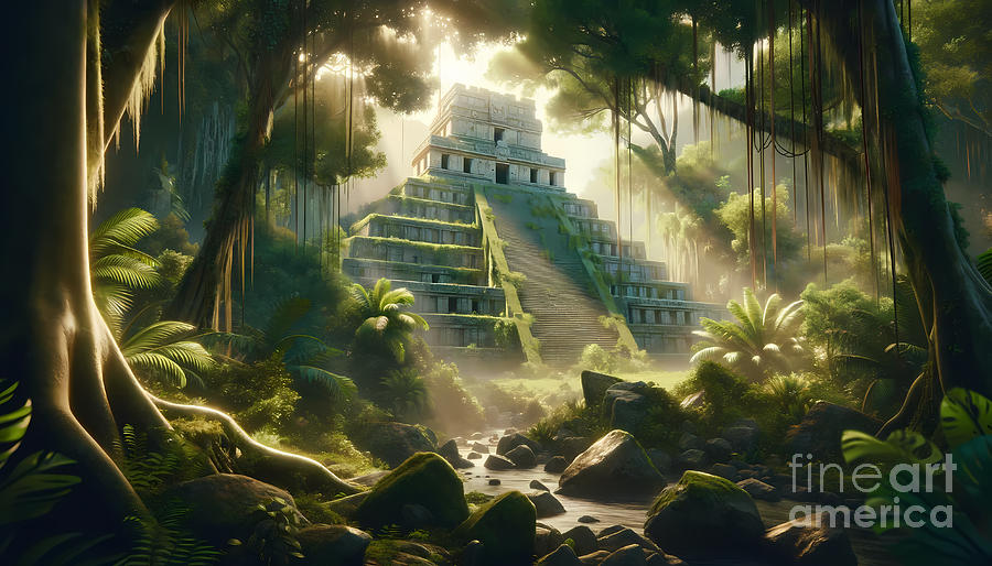 Mayan Digital Art - Ancient Mayan Ruins, The mysterious ruins of a Mayan temple in the jungle by Jeff Creation