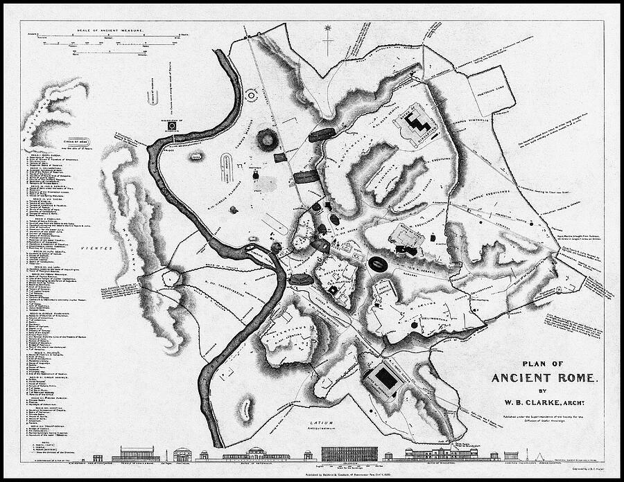 Ancient Rome Antique Vintage Map 1830 Black and White Photograph by ...