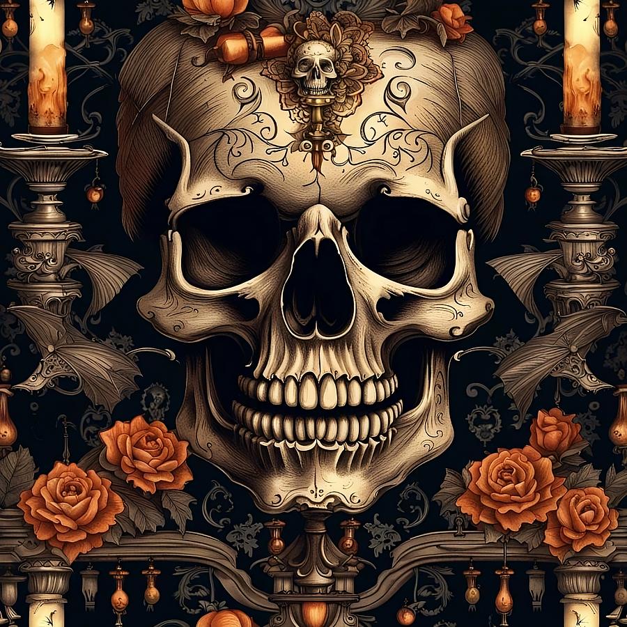 Flower Painting - Ancient Skull, Red Roses And Vintage Candlesticks Halloween Art by Taiche Acrylic Art