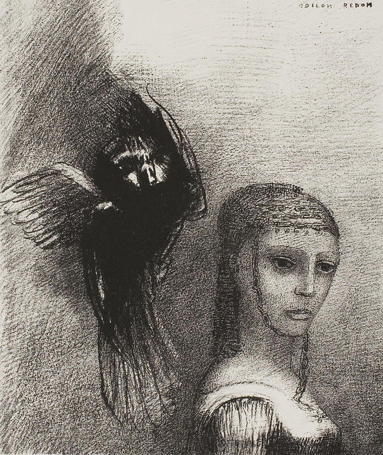 And a Large Bird, Descending From the Sky, Hurls Itself Against the Topmost Point of Her Hair Relief by Odilon Redon