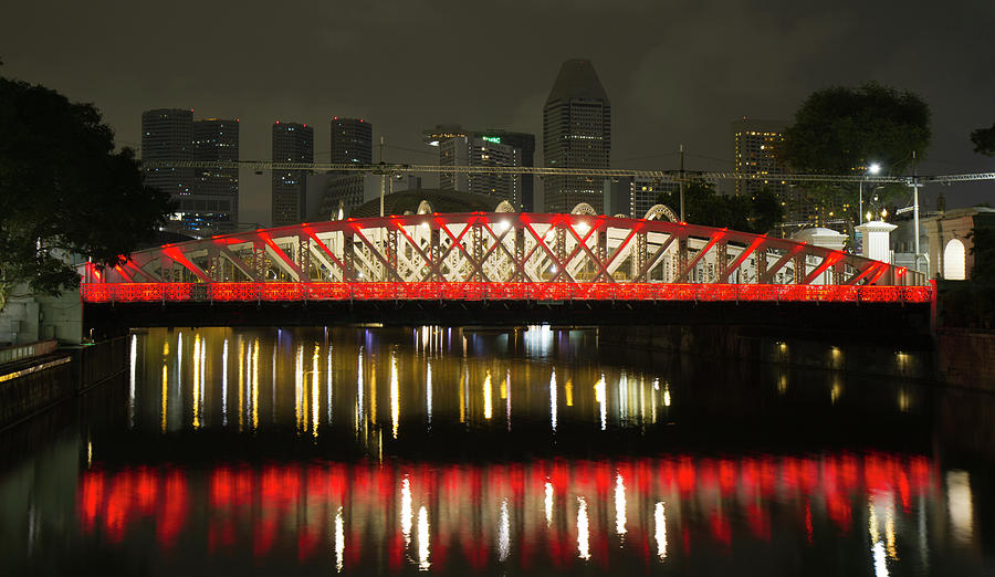 Anderson Bridge at night - Singapore Photograph by Nathan Rupert
