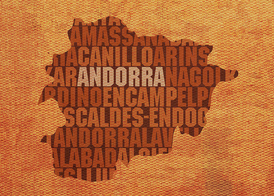 Typography Mixed Media - Andorra Country Shape Word Map Typography on Distressed Canvas by Design Turnpike