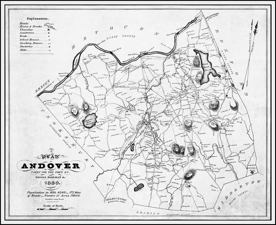 Vintage Photograph - Andover Massachusetts Antique Vintage Map 1830 Black and White  by Carol Japp