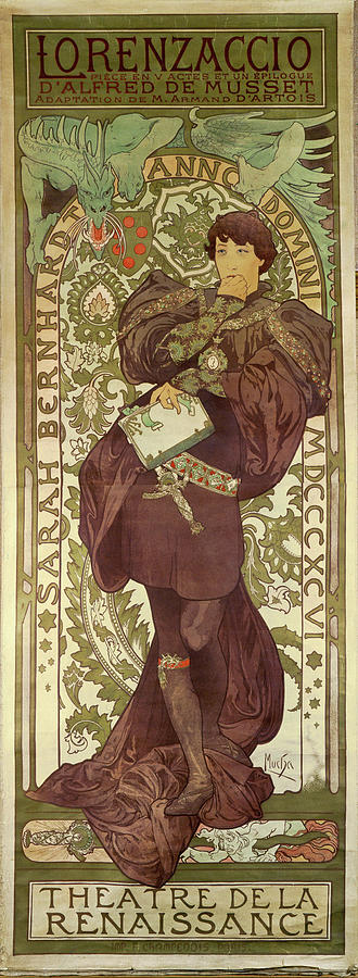 andquot, Lorenzaccioandquot, with actress Sarah Bernhardt, play by Alfred de Musset. Theatre de la R Painting by Alphonse Mucha -1860-1939-