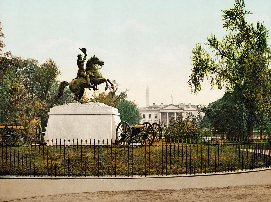 Andrew Jackson Monument and The White House - Circa 1898 Photochrom Photograph by War Is Hell Store