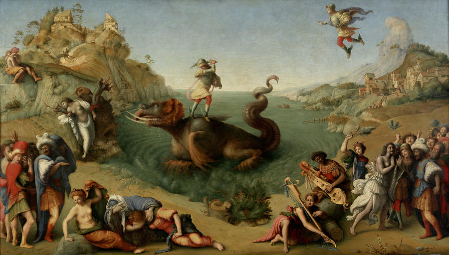 Andromeda freed by Perseus -Andromeda liberata da Perseo-. Oil on panel, dated ca. 1510. Painting by Piero Di Cosimo