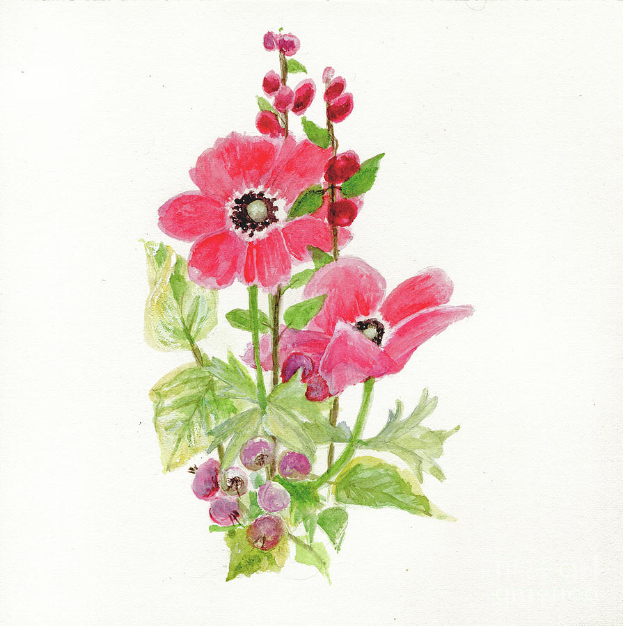 Anemone and Holly Painting by Laurie Rohner