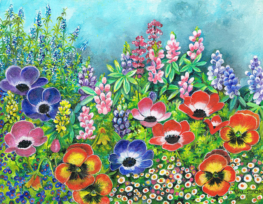 Anemones and pansies Painting by Val Stokes