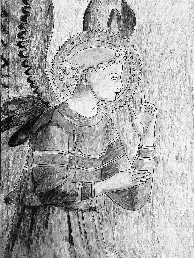 Angel after Fra Angelico BW Painterly 120123 Mixed Media by Mary Bedy
