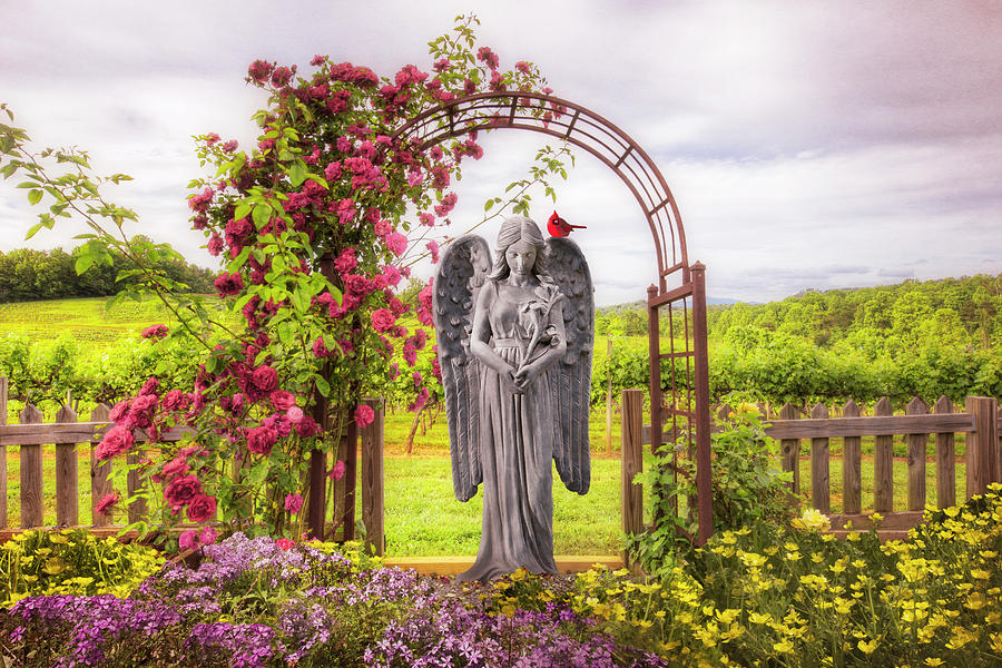 Angel and Cardinal in the Garden Photograph by Debra and Dave Vanderlaan