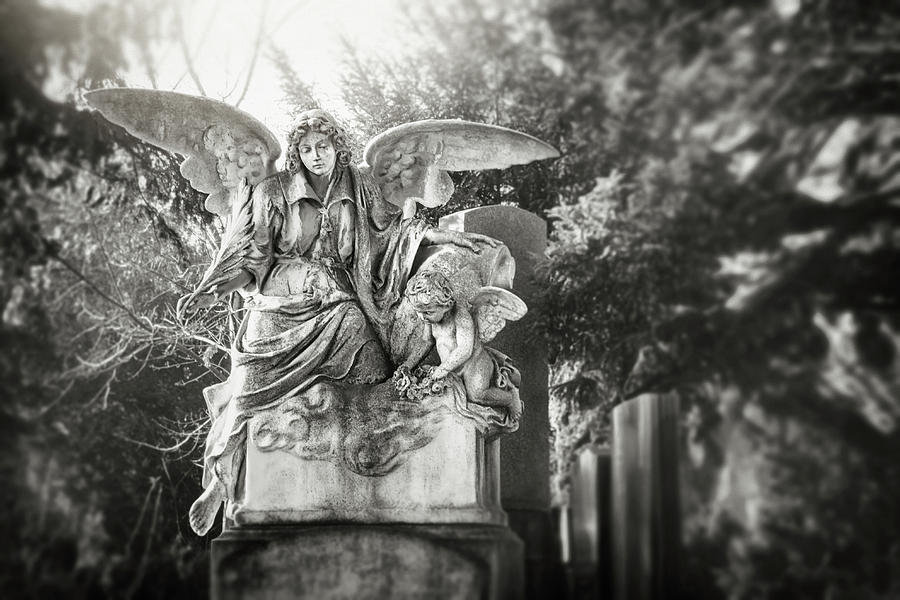 Angel and Cherub Zentralfriedhof Vienna Black and White  Photograph by Carol Japp