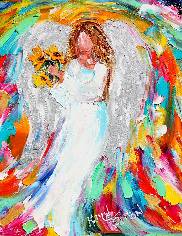 Angel and Sunflowers Painting by Karen Tarlton