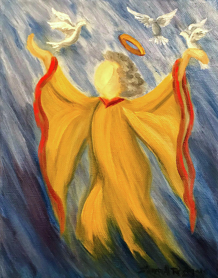 Angel and Trinity of Doves Painting by Sherrell Rodgers
