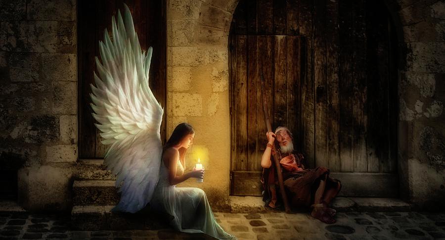 Angel Beggars Candle Light Wings Christmas Love Painting by Unknown
