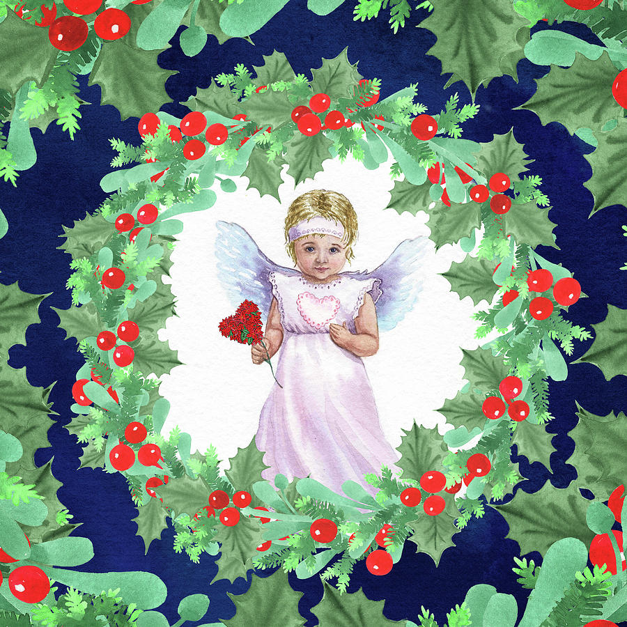 Angel Brings Love For Holidays Watercolor Wreath  Painting by Irina Sztukowski