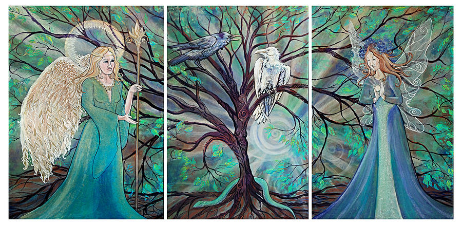 Angel Faery Crows Snake Triptych Painting