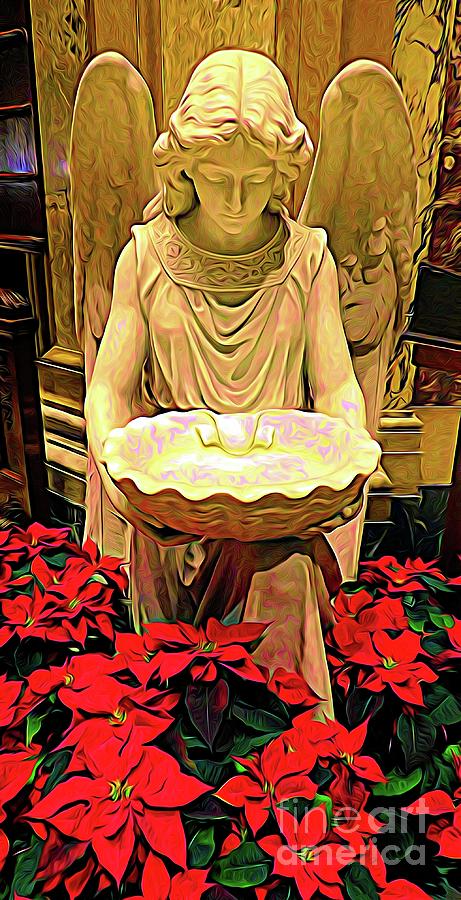 Angel Holy Water Font and Poinsettias at OLV Basilica Abstract Expressionism Effect Photograph by Rose Santuci-Sofranko