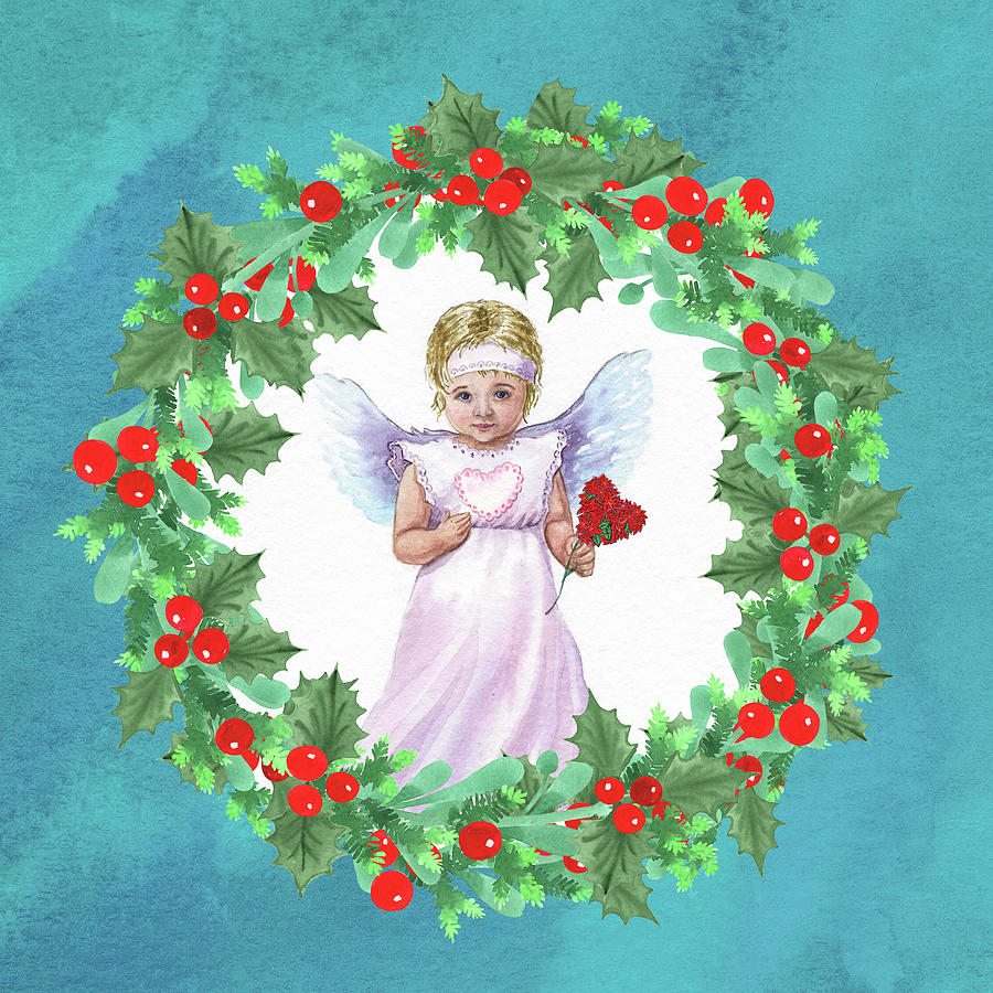 Angel Of Christmas With Holly Wreath Turquoise Watercolor  Painting by Irina Sztukowski