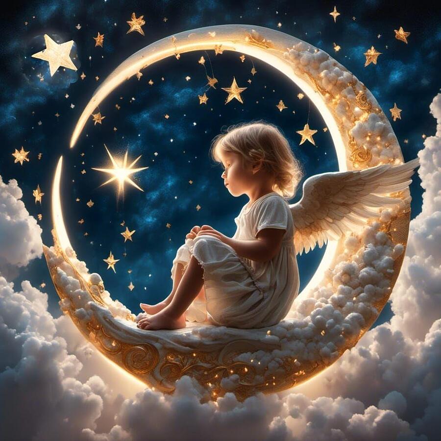Angel Sitting on a Crescemt Moon Painting by Glenda Stevens